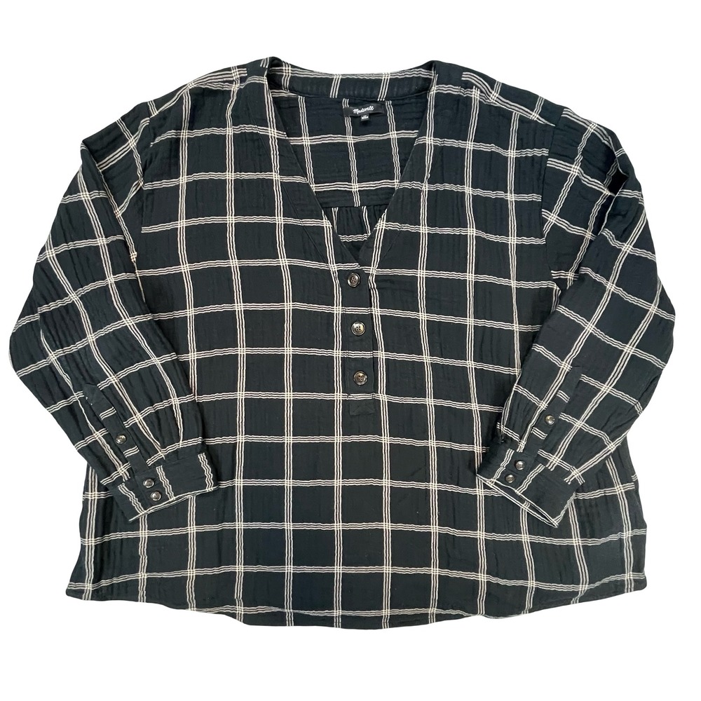 Madewell Womens Black Windowpane Plaid Cotton Boho Gauze Peasant Blouse ‎ 2X